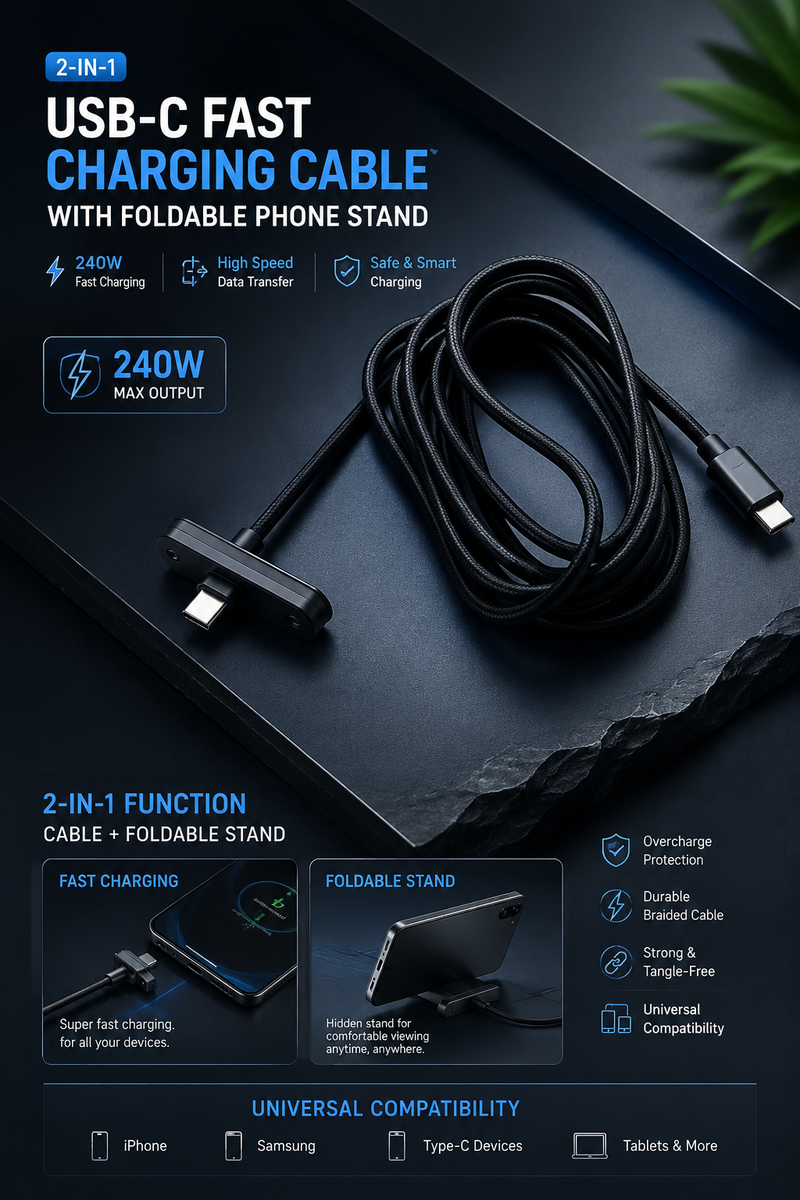 240W | USB-C Fast Charging Cable with Foldable Phone Stand